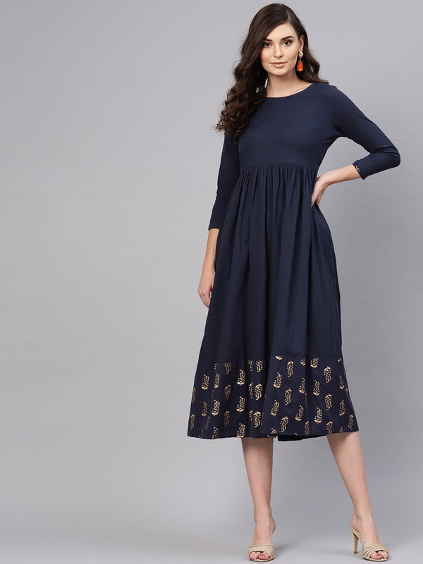 Women's Navy Foil Printed Gathered Dress - SASSAFRAS