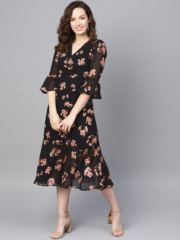 Women's Black Floral Wrap Tie Dress - SASSAFRAS