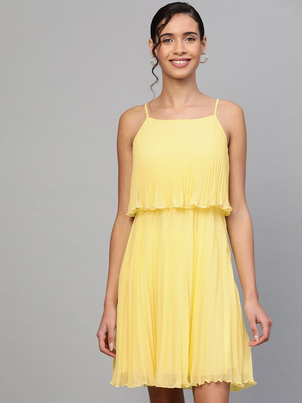 Women's Lemon Pleated Short Strappy Skater Dress - SASSAFRAS