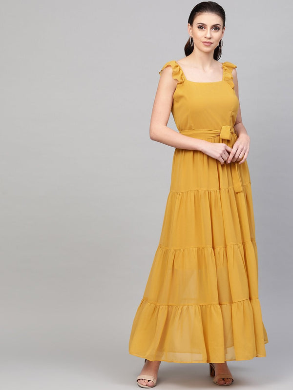 Women's Mustard Strappy Frill Tiered Maxi - SASSAFRAS