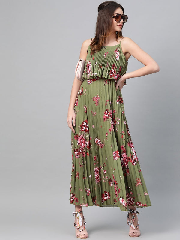 Women's Olive Floral Strappy Pleated Maxi Dress - SASSAFRAS