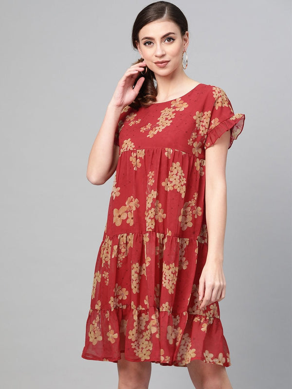 Women's Red Floral Tiered Trapeze Dress - SASSAFRAS