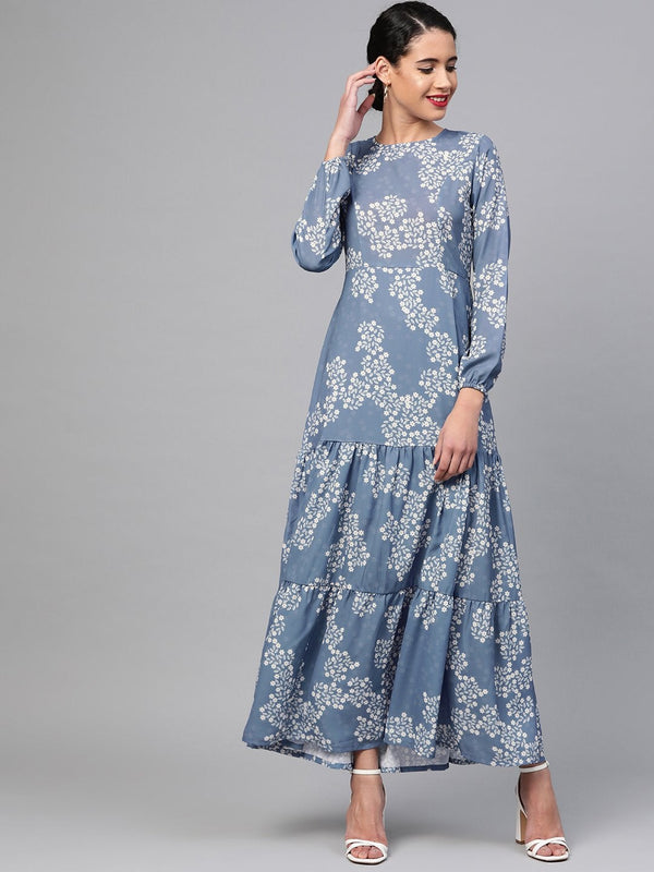 Women's Dark Blue Floral Tiered Maxi - SASSAFRAS