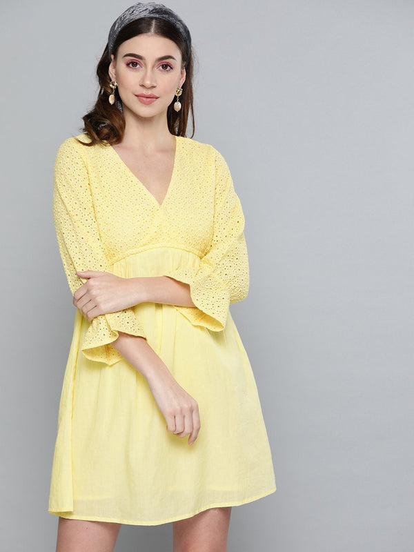 Women's Lemon Yellow Schiffli Shift Dress - SASSAFRAS