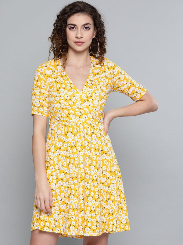 Women's Yellow Ditsy Floral Wrap Skater Dress - SASSAFRAS