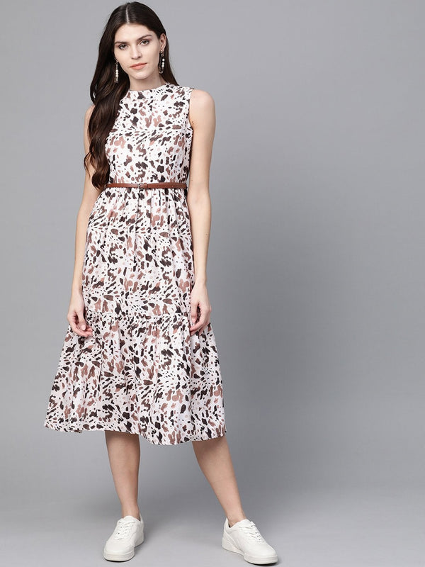 Women's Off White Leopard Tiered Belted Midi Dress - SASSAFRAS