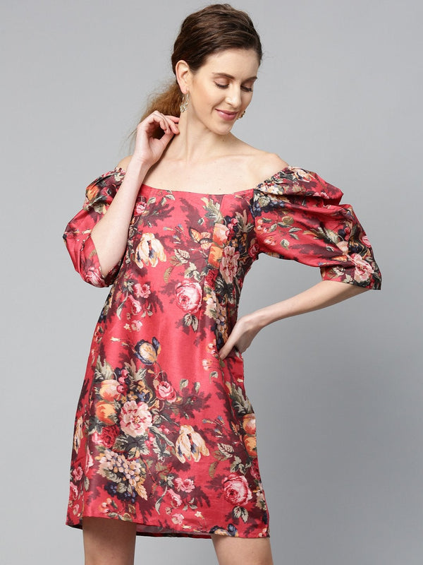 Women's Red Floral Puff Sleeve Shift Dress - SASSAFRAS