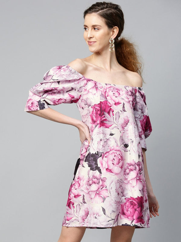 Women's Pink Floral Puff Sleeve Shift Dress - SASSAFRAS