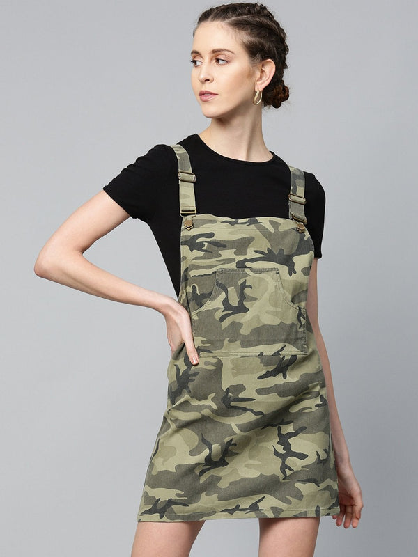 Women's Green Camouflage Twill Pinafore Dress - SASSAFRAS