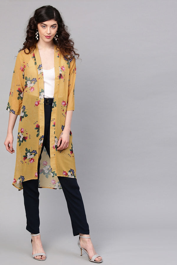 Women's Mustard Floral Front Open Shrug - SASSAFRAS