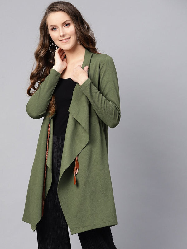 Women's Olive Waterfall Shrug With Pu Tie Belt - SASSAFRAS