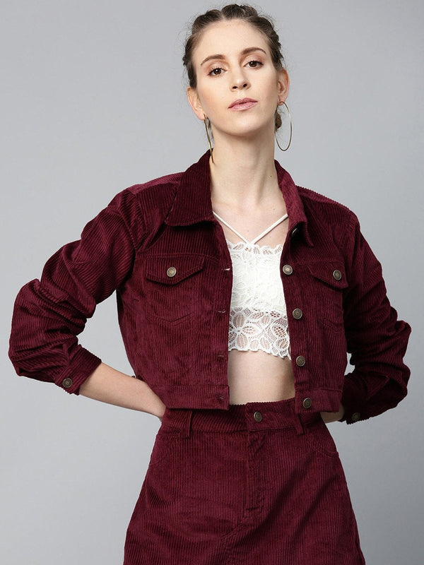 Women's Burgundy Corduroy Boxy Jacket - SASSAFRAS