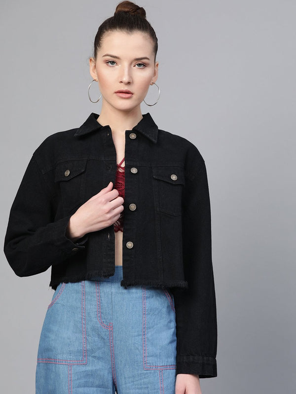 Women's Black Denim Raw Edge Jacket - SASSAFRAS