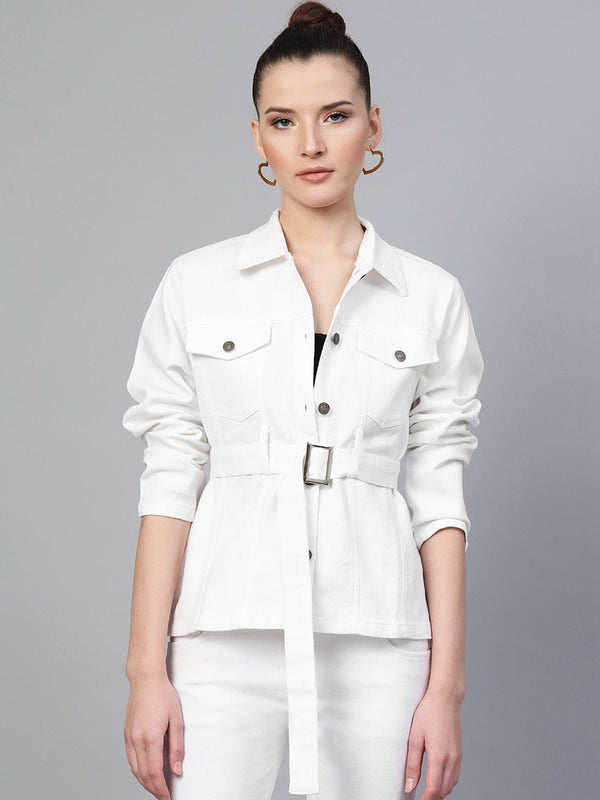 Women's White Belted Denim Jacket - SASSAFRAS