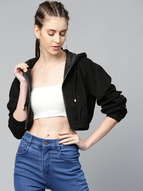 Women's Black Hooded Boxy Corduroy Crop Jacket - SASSAFRAS