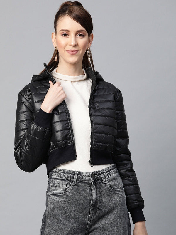 Women's Black Hooded Crop Bomber Puffer Jacket - SASSAFRAS