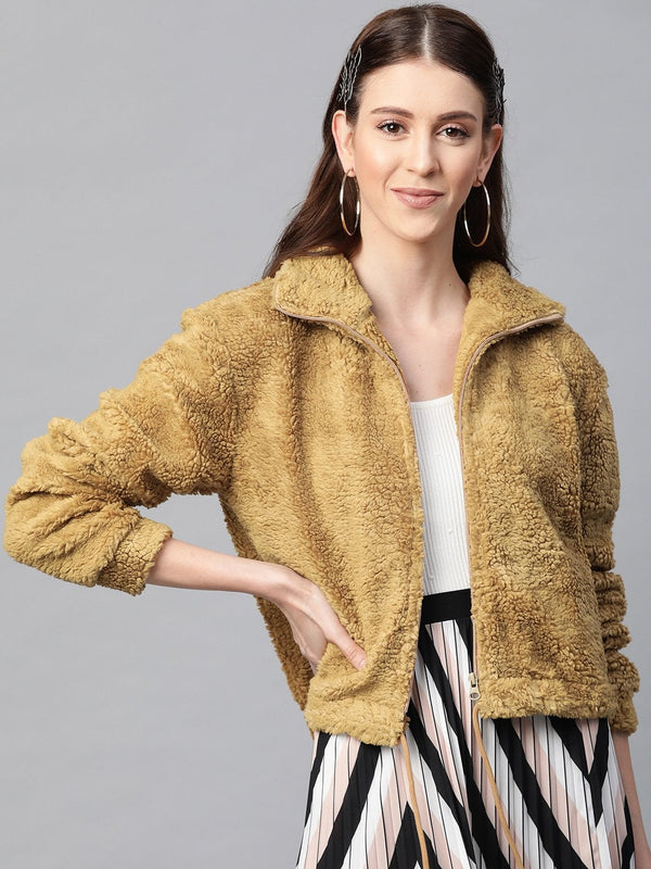 Women's Mustard Drawstring Faux Fur Jacket - SASSAFRAS