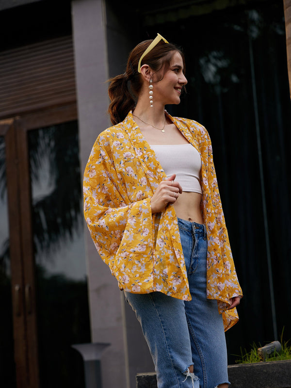 Women's Yellow Floral Front Open Shrug - SASSAFRAS