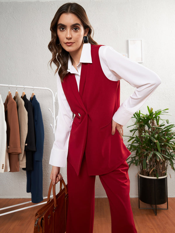 Women's Red Double-Breast Sleeveless Longline Blazer - SASSAFRAS