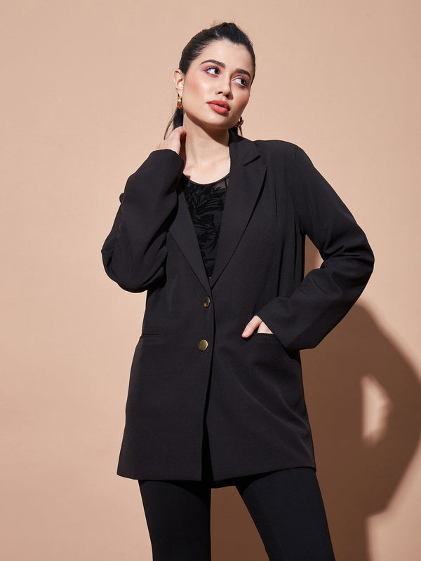 Women's Black Notch Collar Front Open Blazer - Lyush