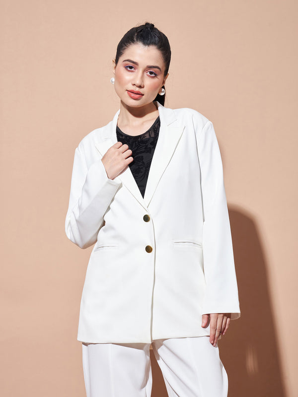 Women's White Notch Collar Front Open Blazer - Lyush