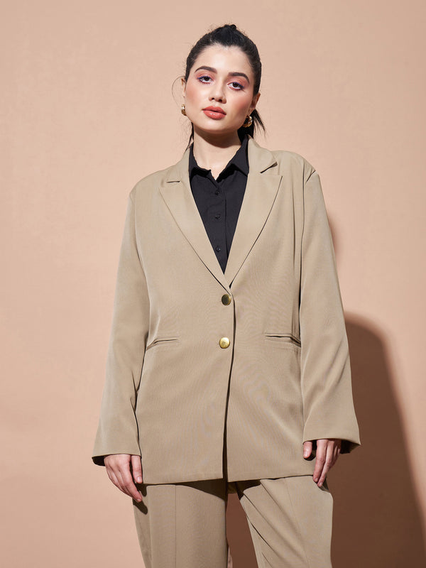 Women's Beige Notch Collar Front Open Blazer - Lyush