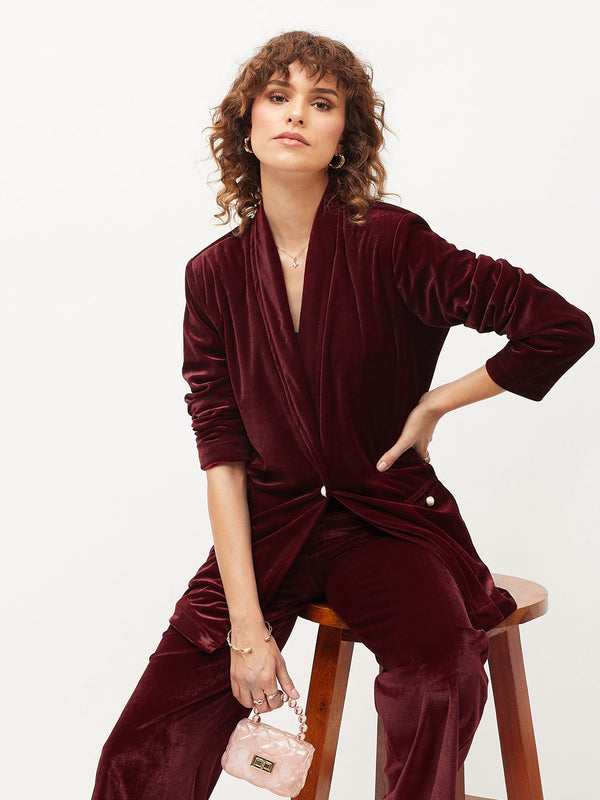 Women's Maroon Velvet Shawl Collar Blazer - Lyush