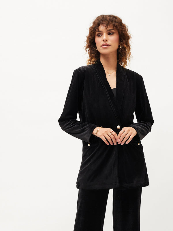 Women's Black Velvet Shawl Collar Blazer - Lyush