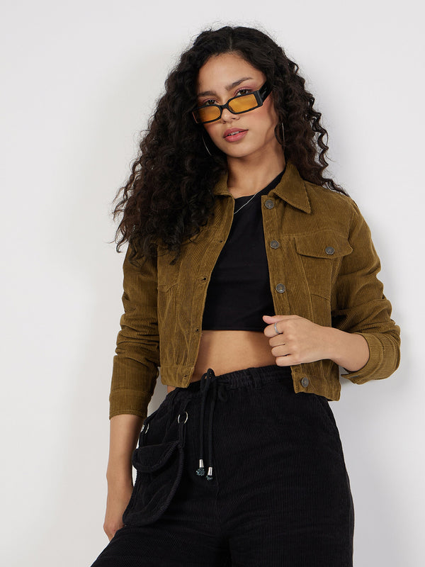 Women's Beige Corduroy Boxy Jacket - Lyush