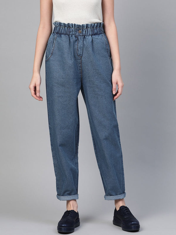 Women's Blue Paper Bag Waist Jeans - SASSAFRAS