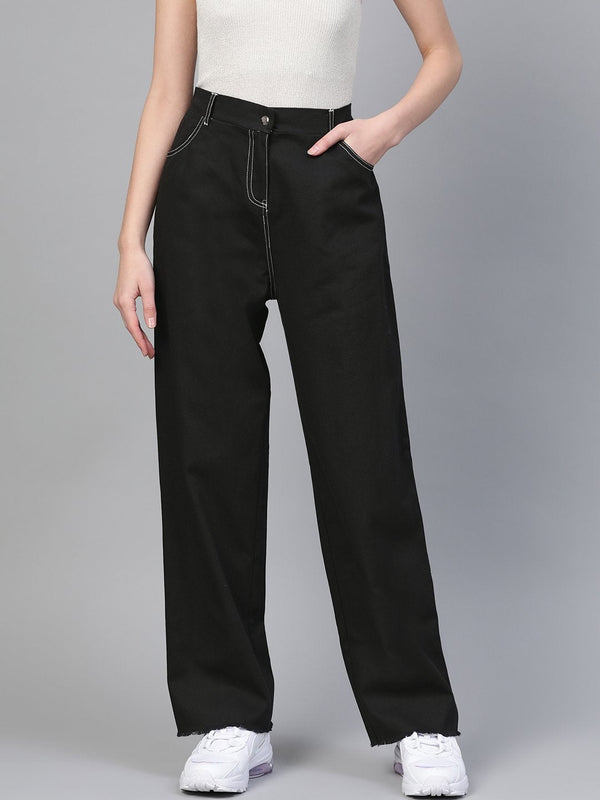 Women's Black With White Contrast Stitch Wide Jeans - SASSAFRAS