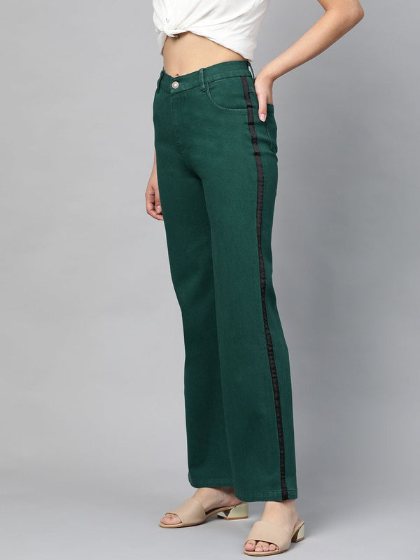 Women's Emerald Green Side Tape Bell Bottom Jeans - SASSAFRAS