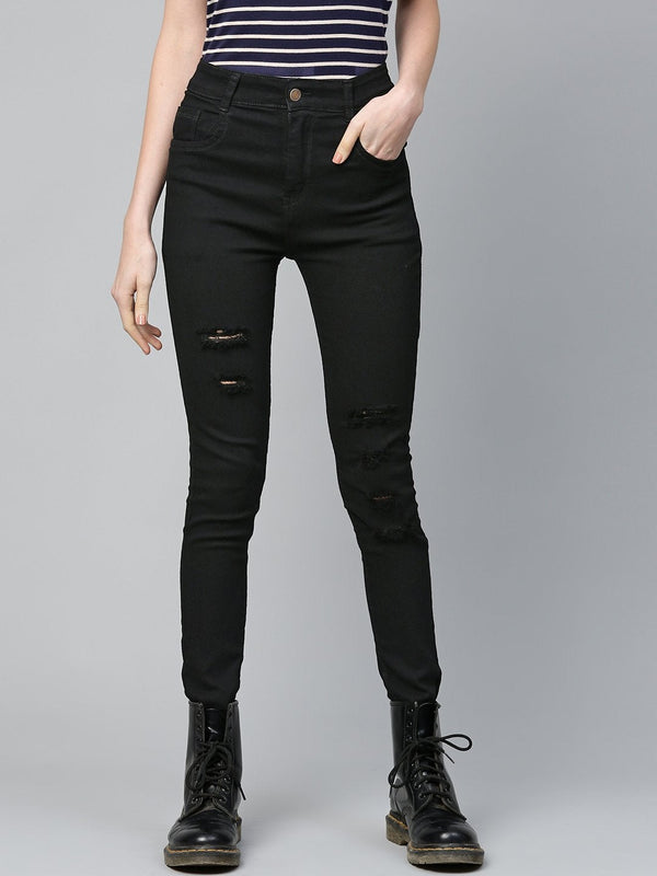 Women's Black Heavy Distressed Multi-Slit Jeans - SASSAFRAS