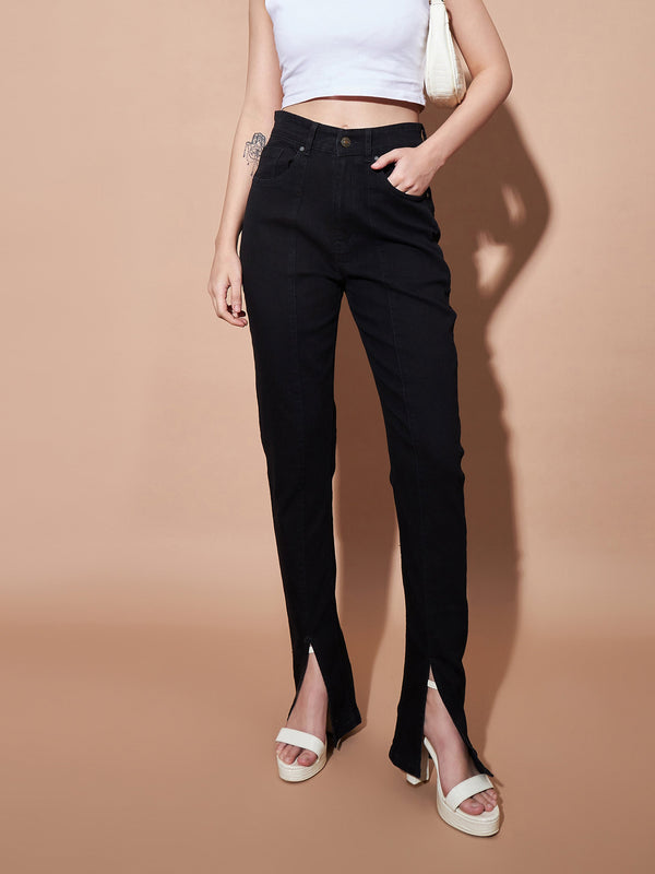 Women's Black Mid Rise Skinny Fit Slit Jeans - Lyush