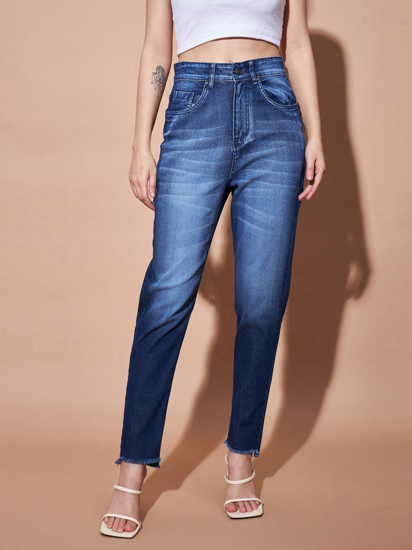 Women's Blue High Waisted Slim Fit Frayed Jeans - Lyush