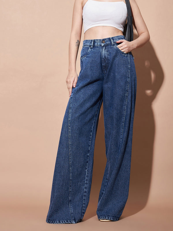 Women's Blue Seam Detail Wide Leg Jeans - Lyush