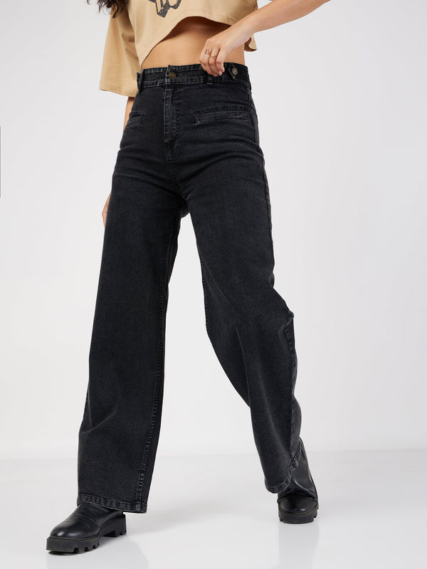 Women's Black Bone Pocket Straight Jeans - Lyush