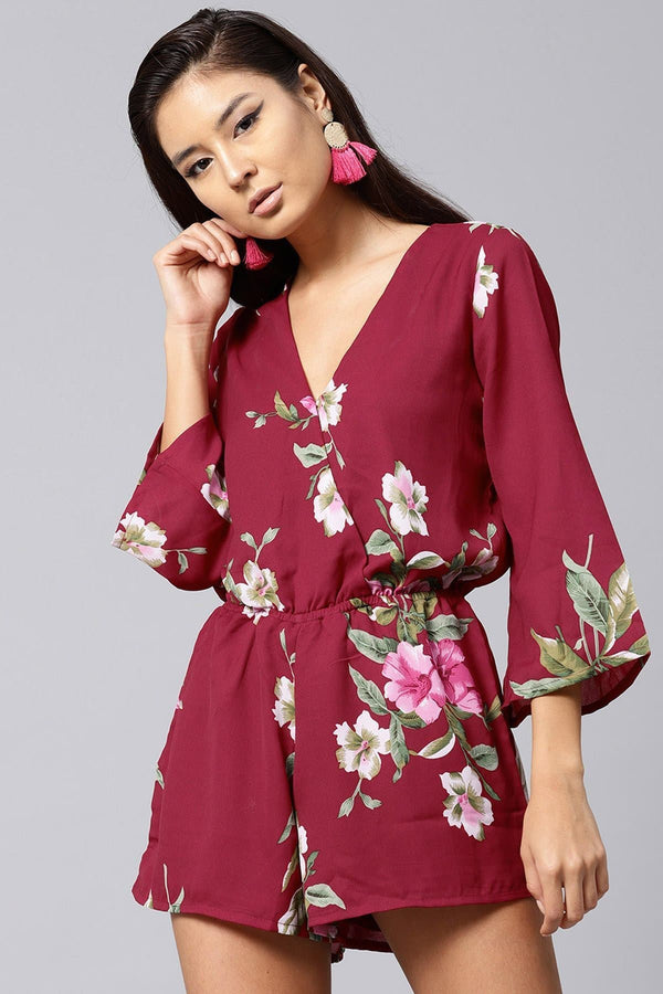 Women's Maroon Tropical Wrap Romper - SASSAFRAS