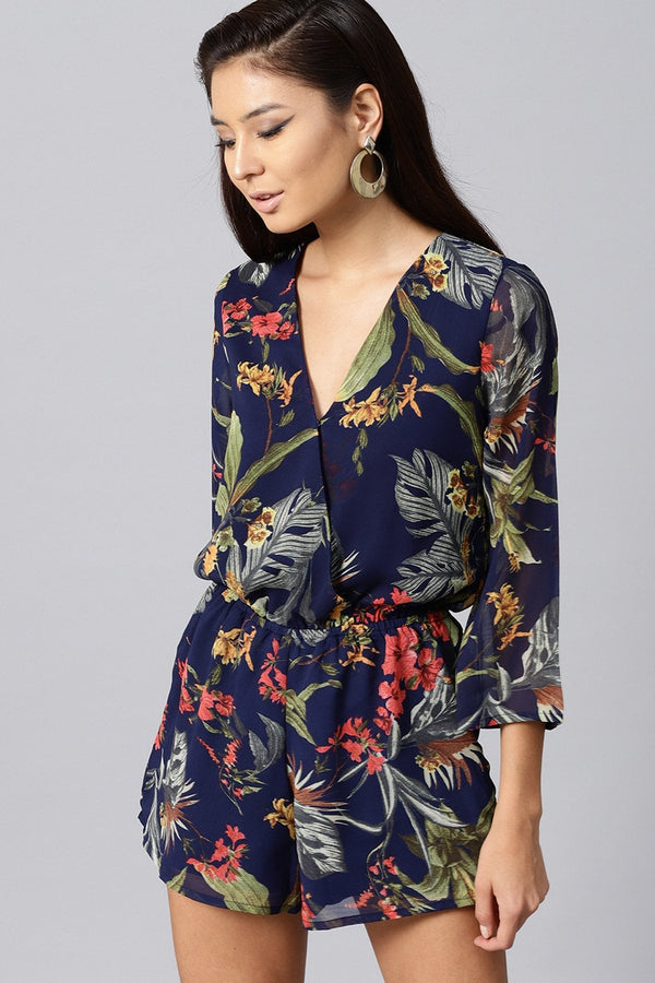 Women's Navy Tropical Wrap Romper - SASSAFRAS