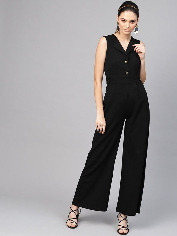 Women's Black Collared Flare Leg Jumpsuit - SASSAFRAS