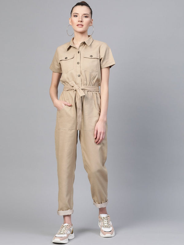 Women's Beige Belted Twill Tapered Jumpsuit - SASSAFRAS