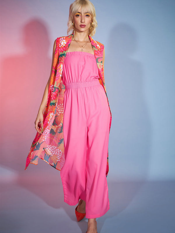 Women's Pink Bardot Jumpsuit With Orange Floral Shrug - SASSAFRAS