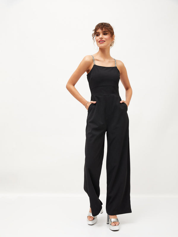 Women's Black Diamante Strap Detail Jumpsuit - Lyush