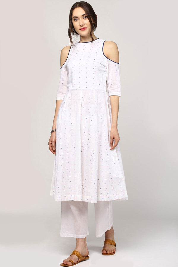 Women's White Dotted Cold Shoulder Anarkali Kurta - SHAE