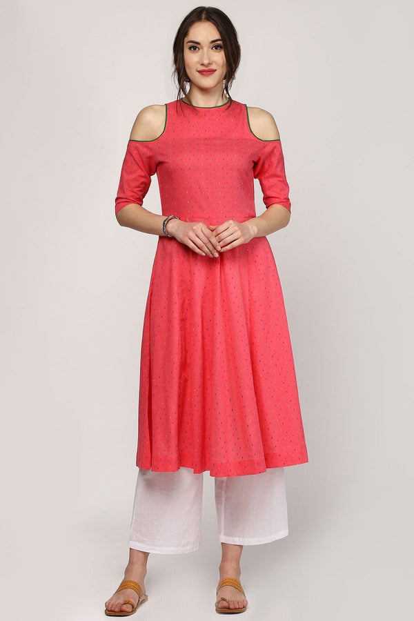 Women's Pink Dotted Cold Shoulder Anarkali Kurta - SHAE