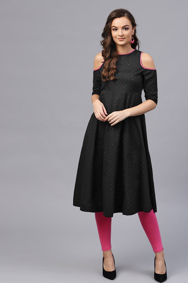 Women's Black Dotted Cold Shoulder Kurta - SHAE