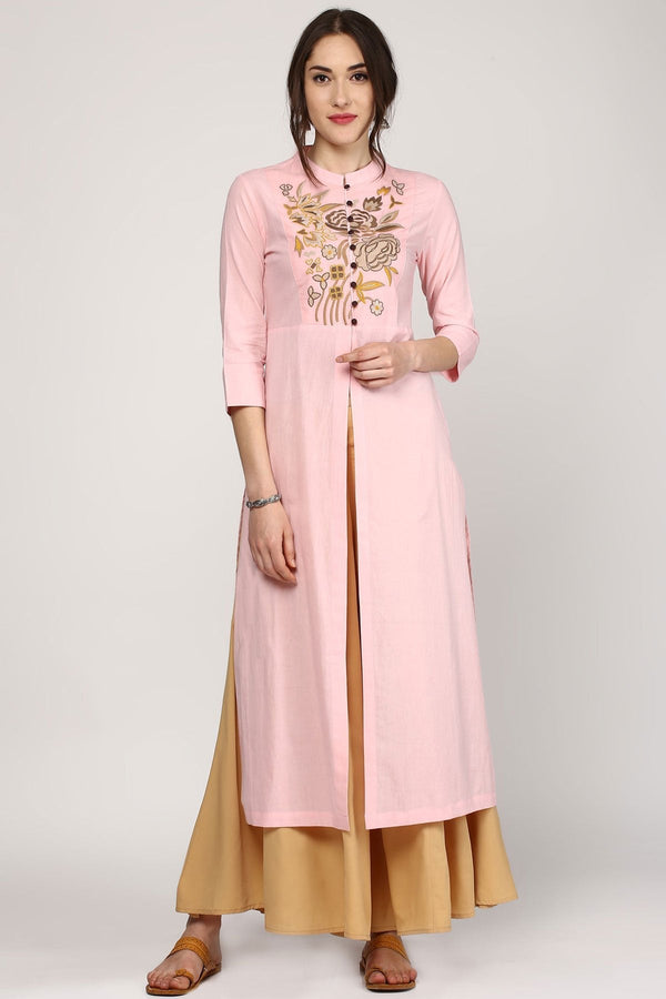 Women's Pink Embroidery Front & Side Slit Kurta - SHAE