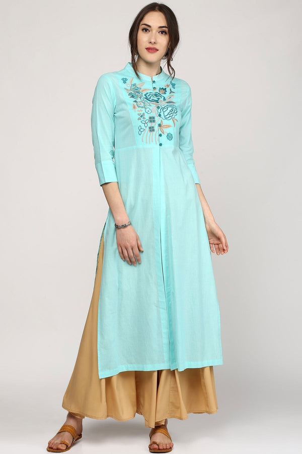 Women's Blue Embroidery Front & Side Slit Kurta - SHAE