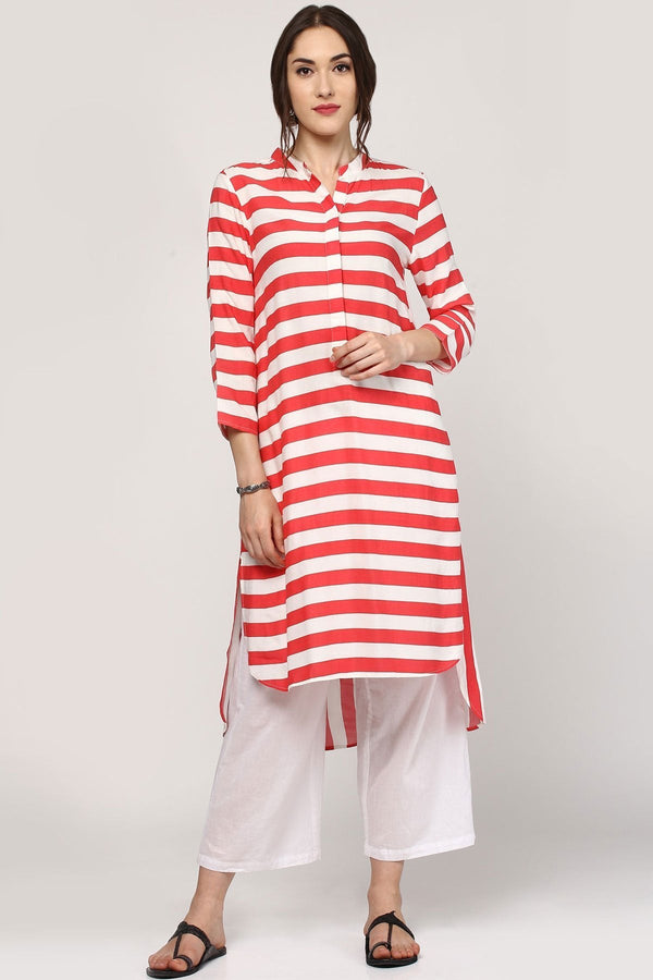 Women's Red Striped High Low Kurta - SHAE