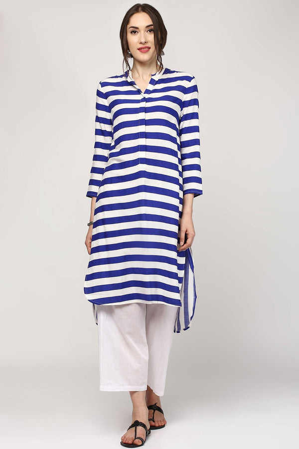 Women's Blue Striped High Low Kurta - SHAE